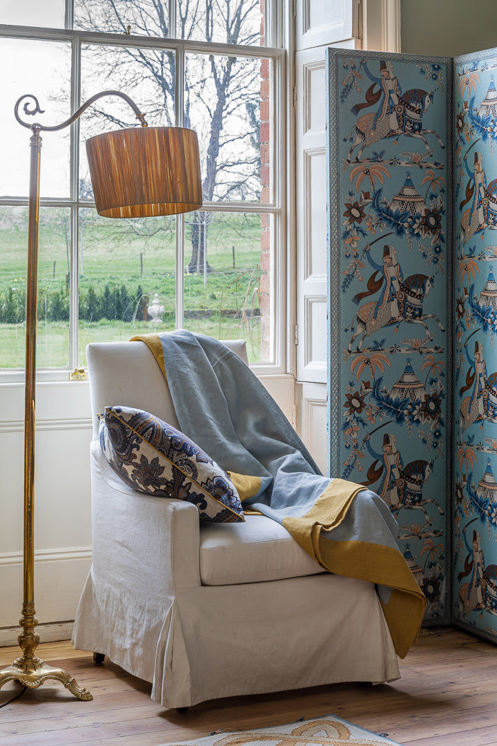 Linen Throw in Parma Grey with Ochre Border