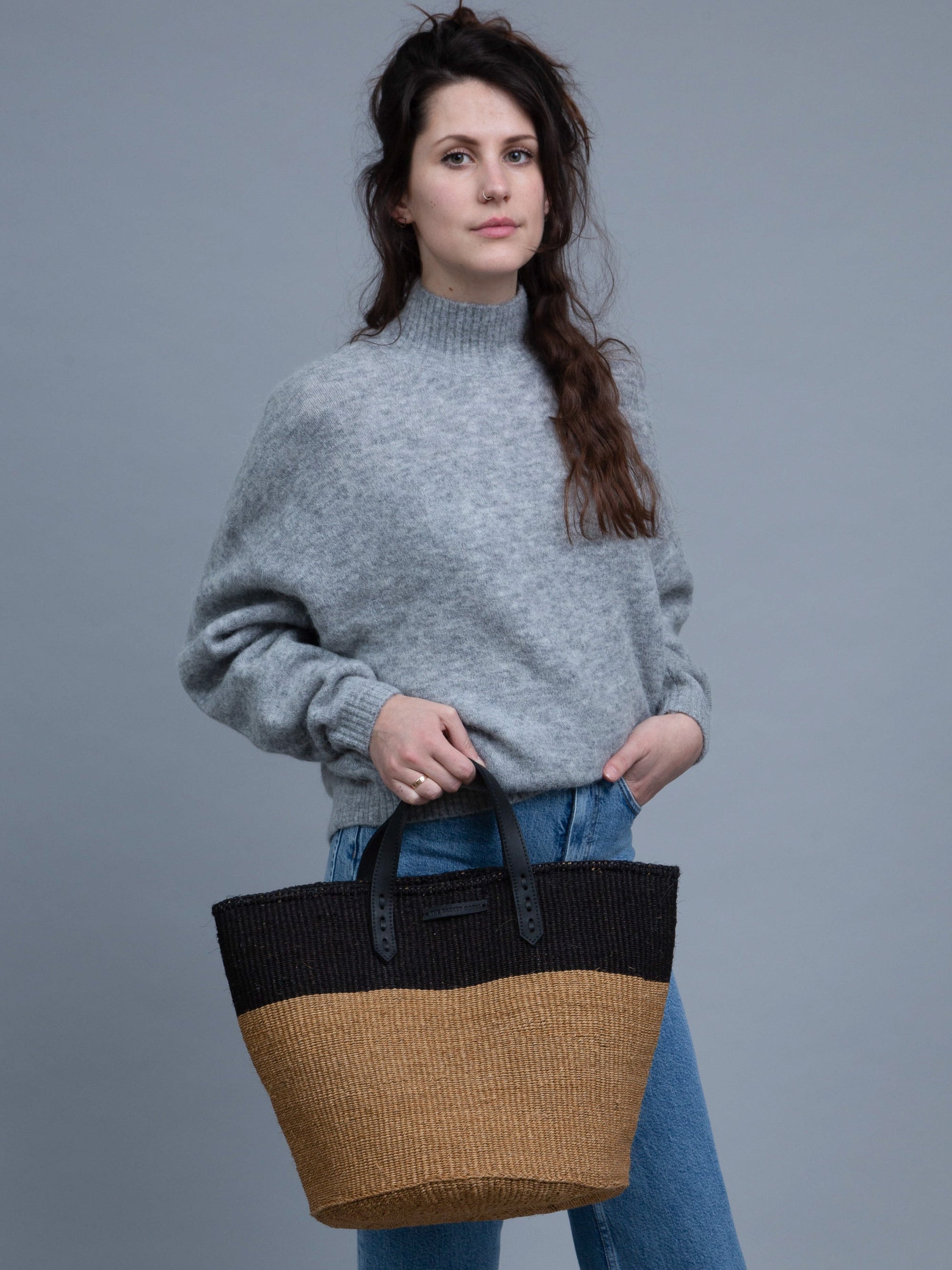 HIMIZA: Black & Khaki Sisal and Leather Shopper