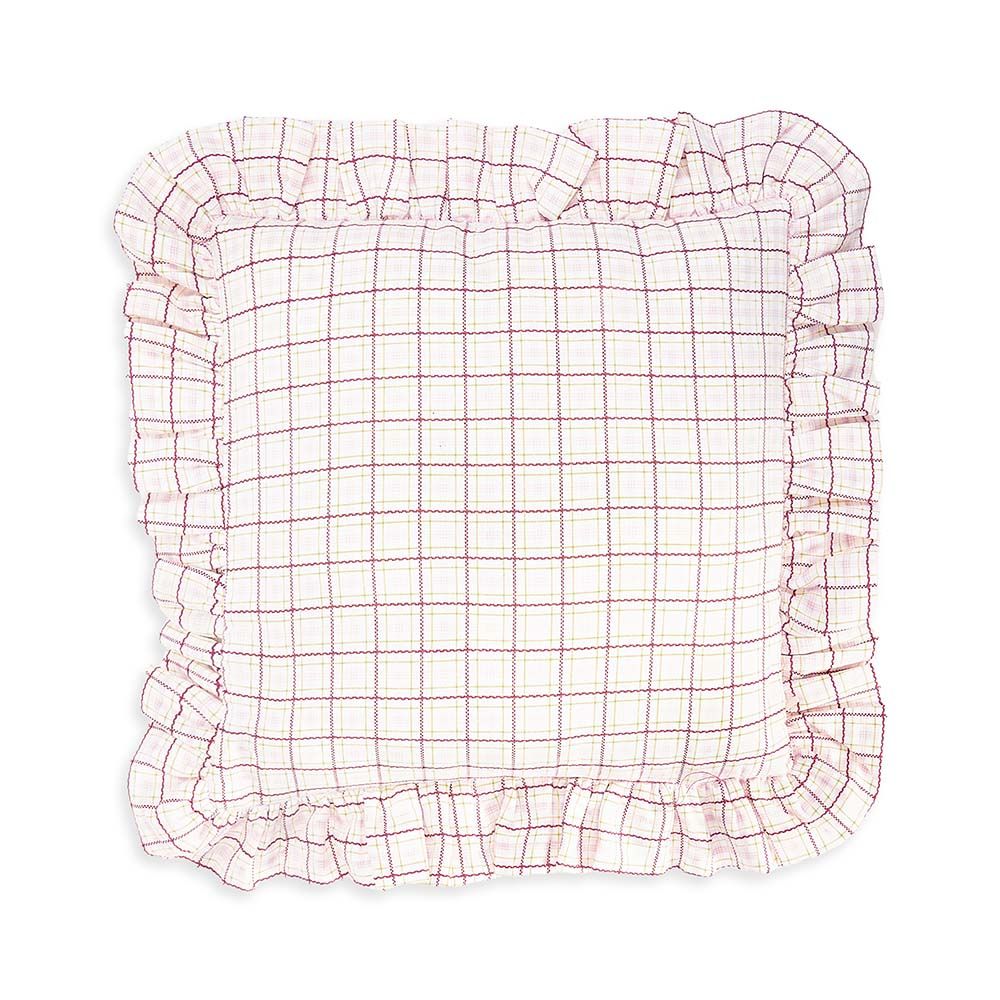 Square Linen Frill Cushion - Pink Check