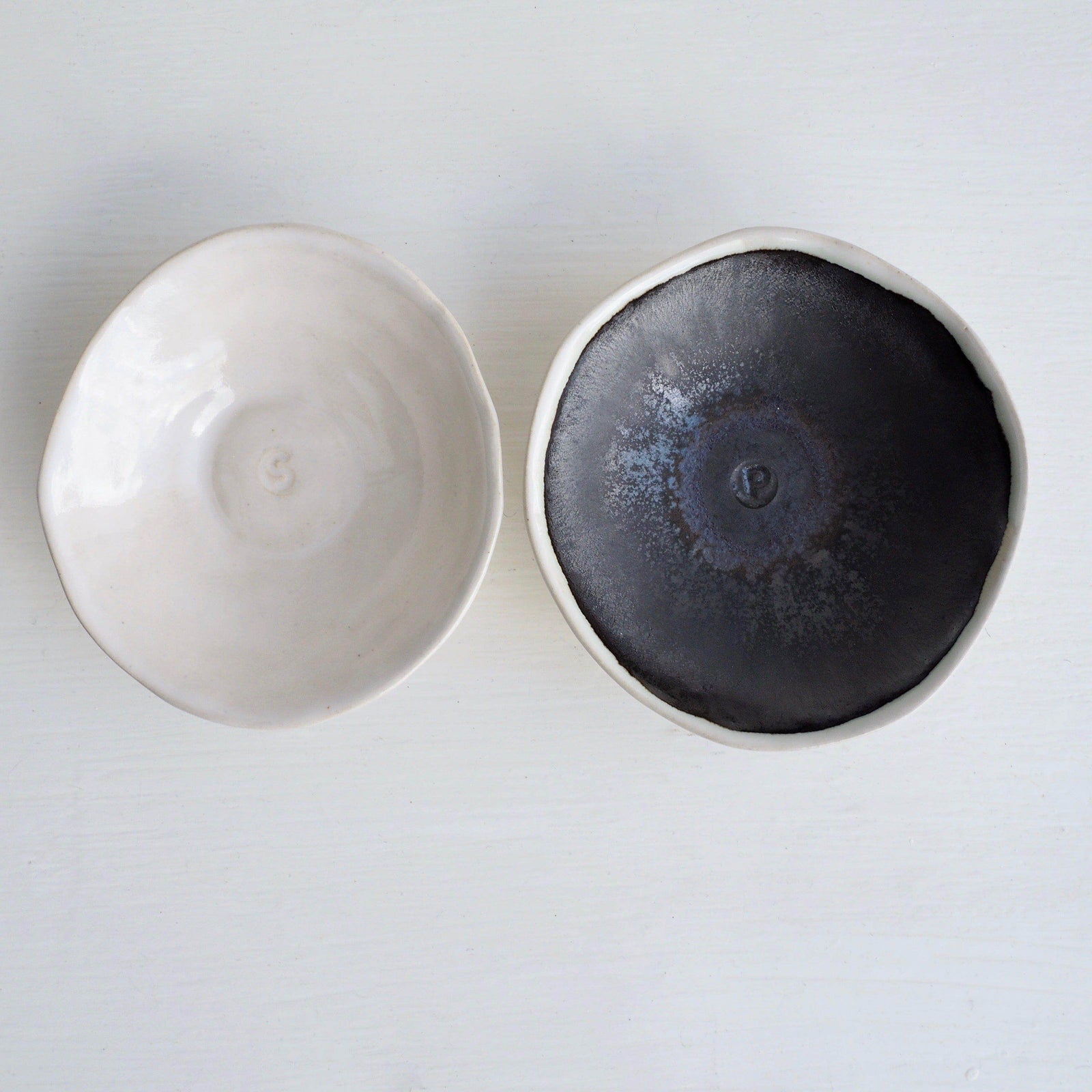 Ceramic Handmade Pair of Black and White Salt + Pepper Dish