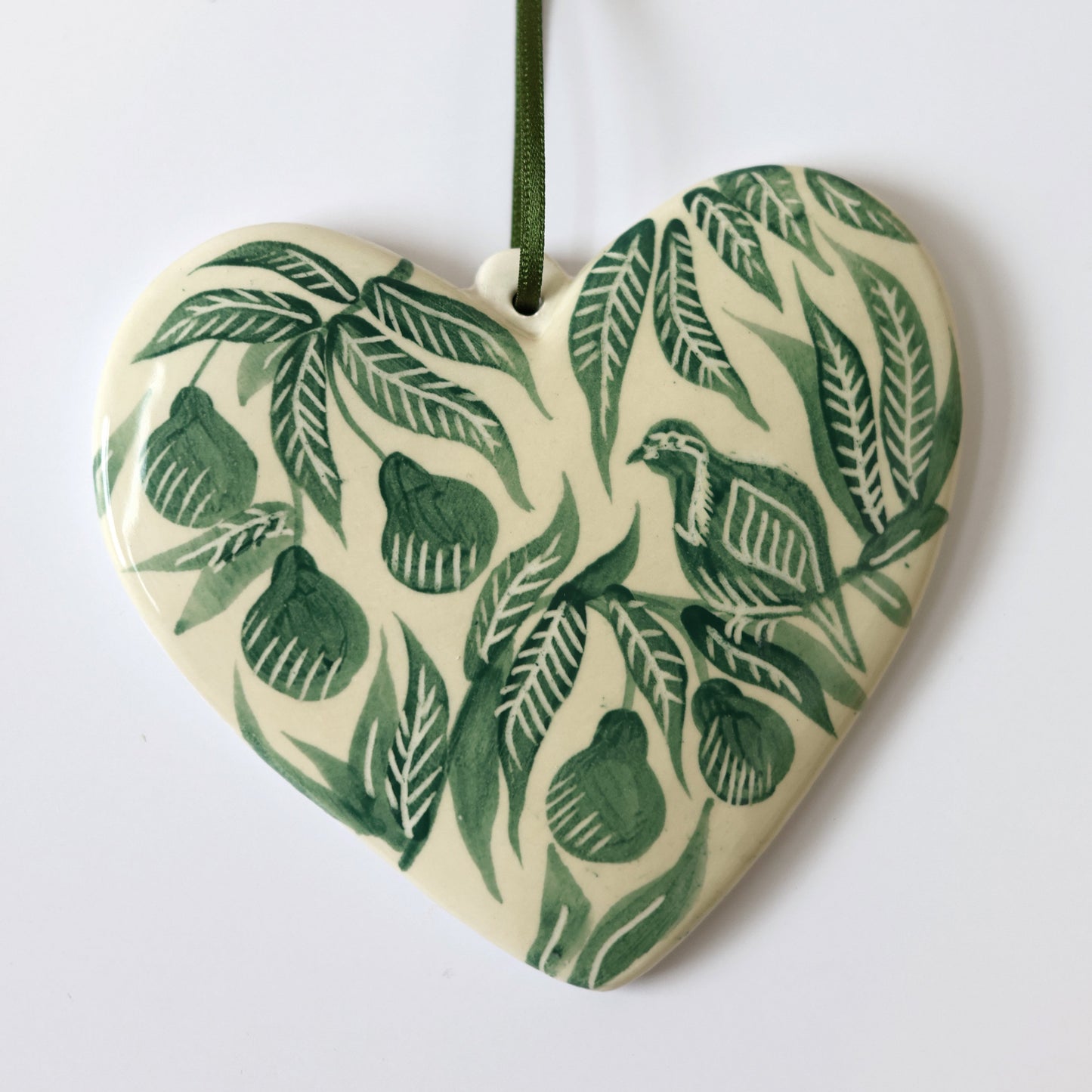 Hand Painted 'Patridge in a Pear Tree' Ceramic Christmas Ornament - Green