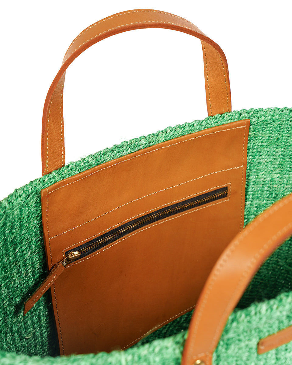 BARUA: Mint Green and Tan Leather Sisal Shopper
