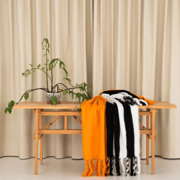 Viso Mohair Blanket Black Orange & White Horizontal Stripes