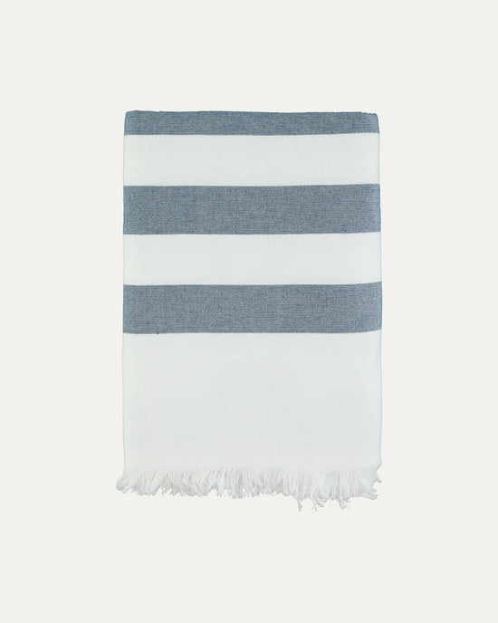 Striped Cotton Beach Towel with Frayed Edge - Blue
