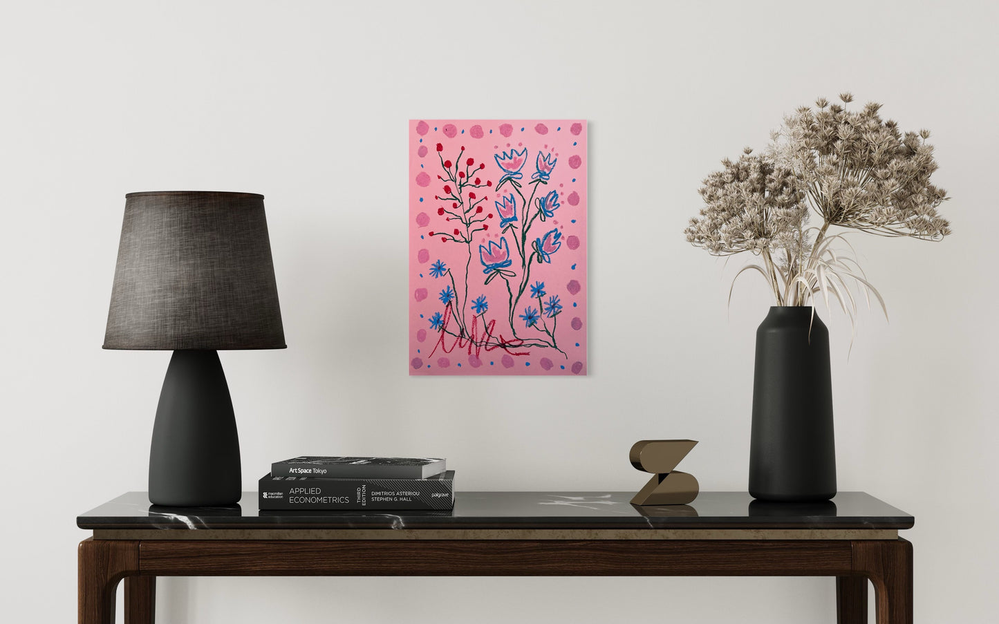 Pink & Blue Floral on Pink Background | Original Painting A3