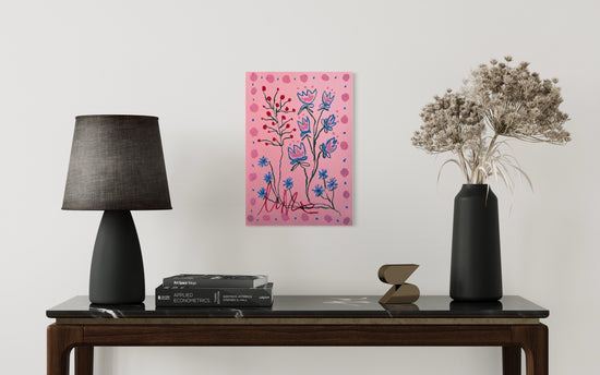 Pink & Blue Floral on Pink Background | Original Painting A3