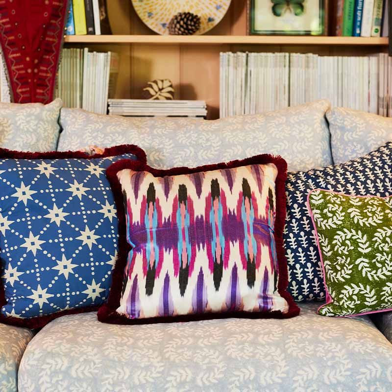 Cushion Brushed Fringe Ikat Purple Chervon Bindi Pink