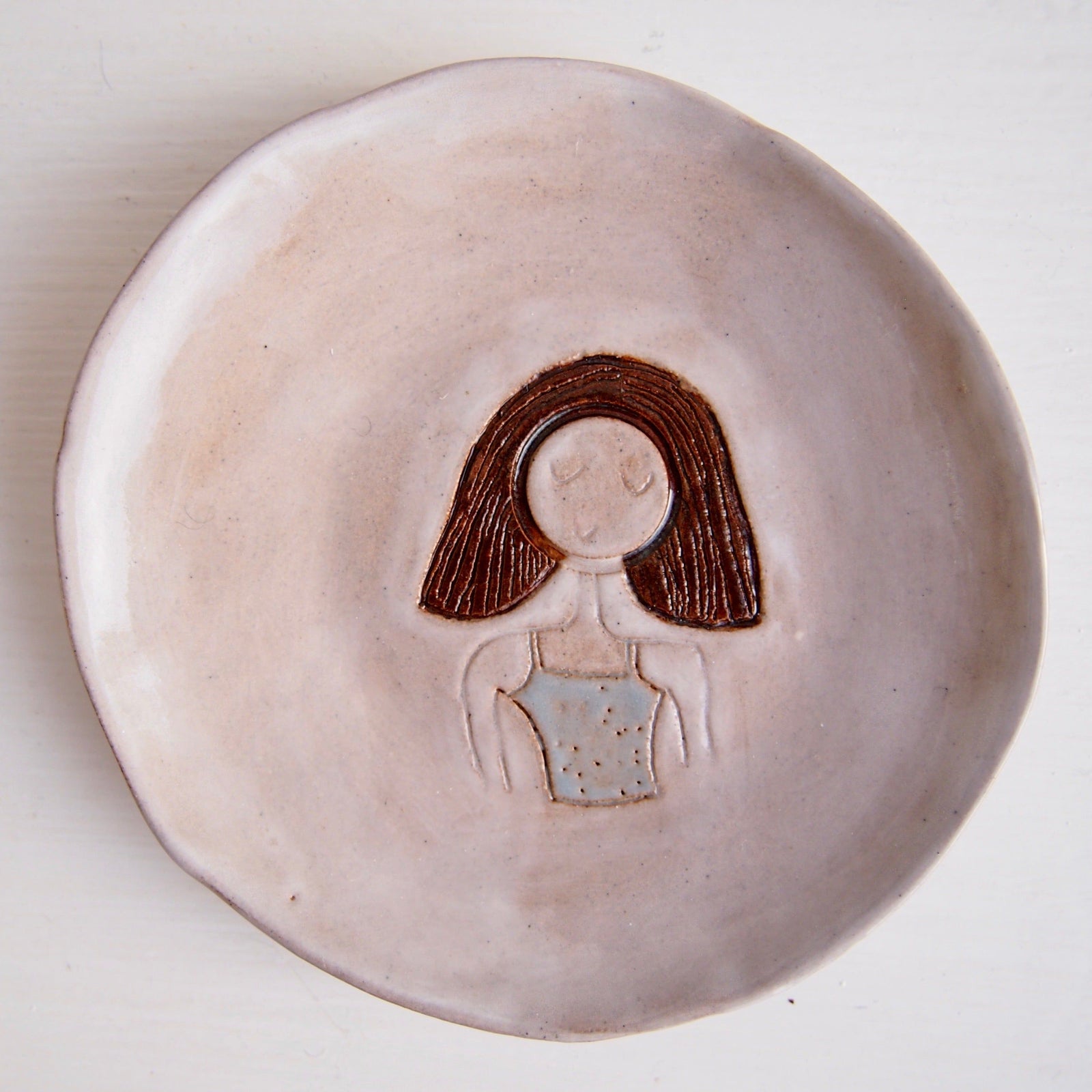 Brown Bob Hair Girl Mini Pottery Face Ring Dish / Plate