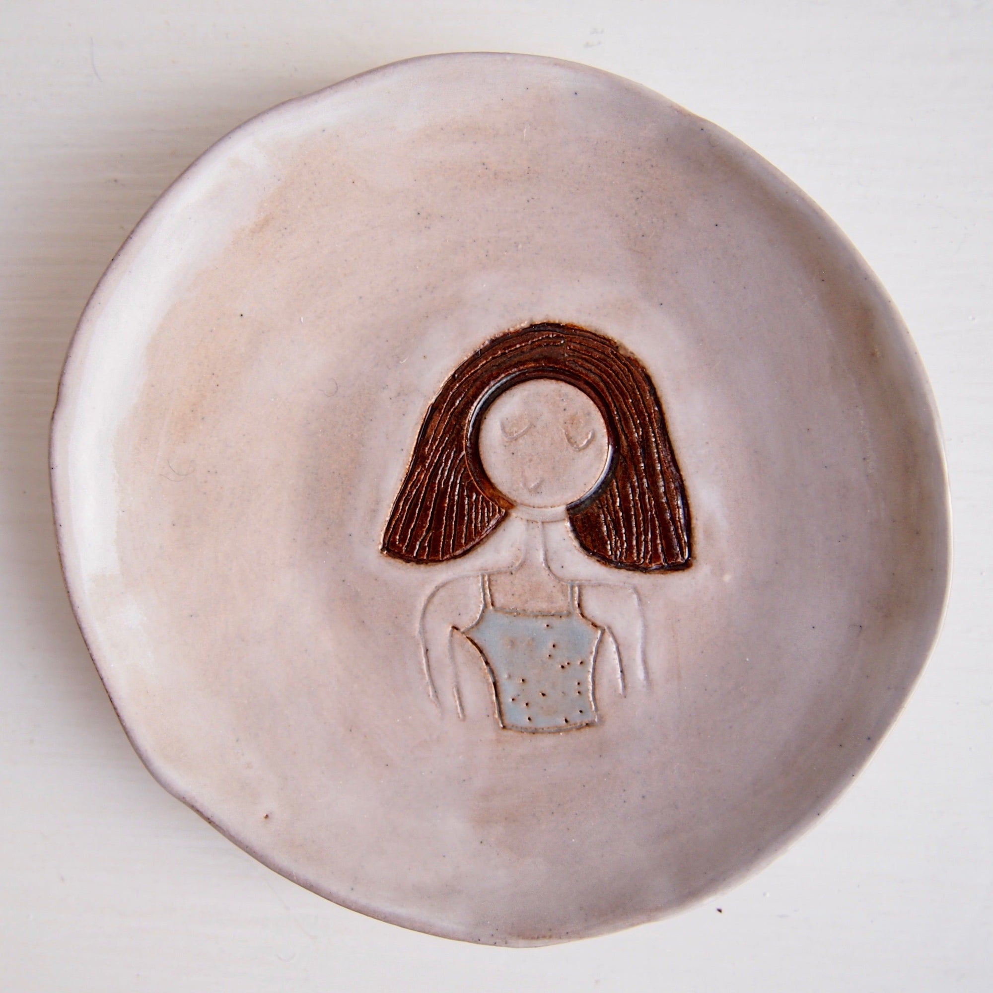Brown Bob Hair Girl Mini Pottery Face Ring Dish / Plate