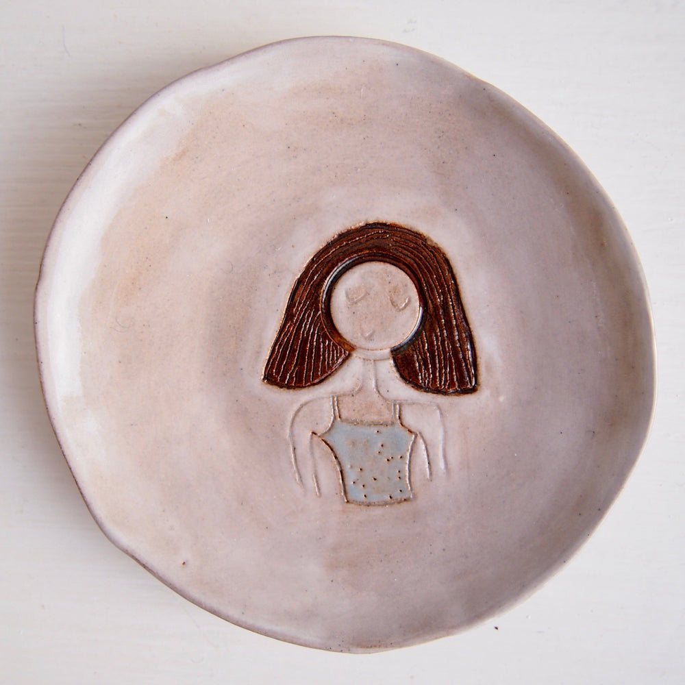 Brown Bob Hair Girl Mini Pottery Face Ring Dish / Plate