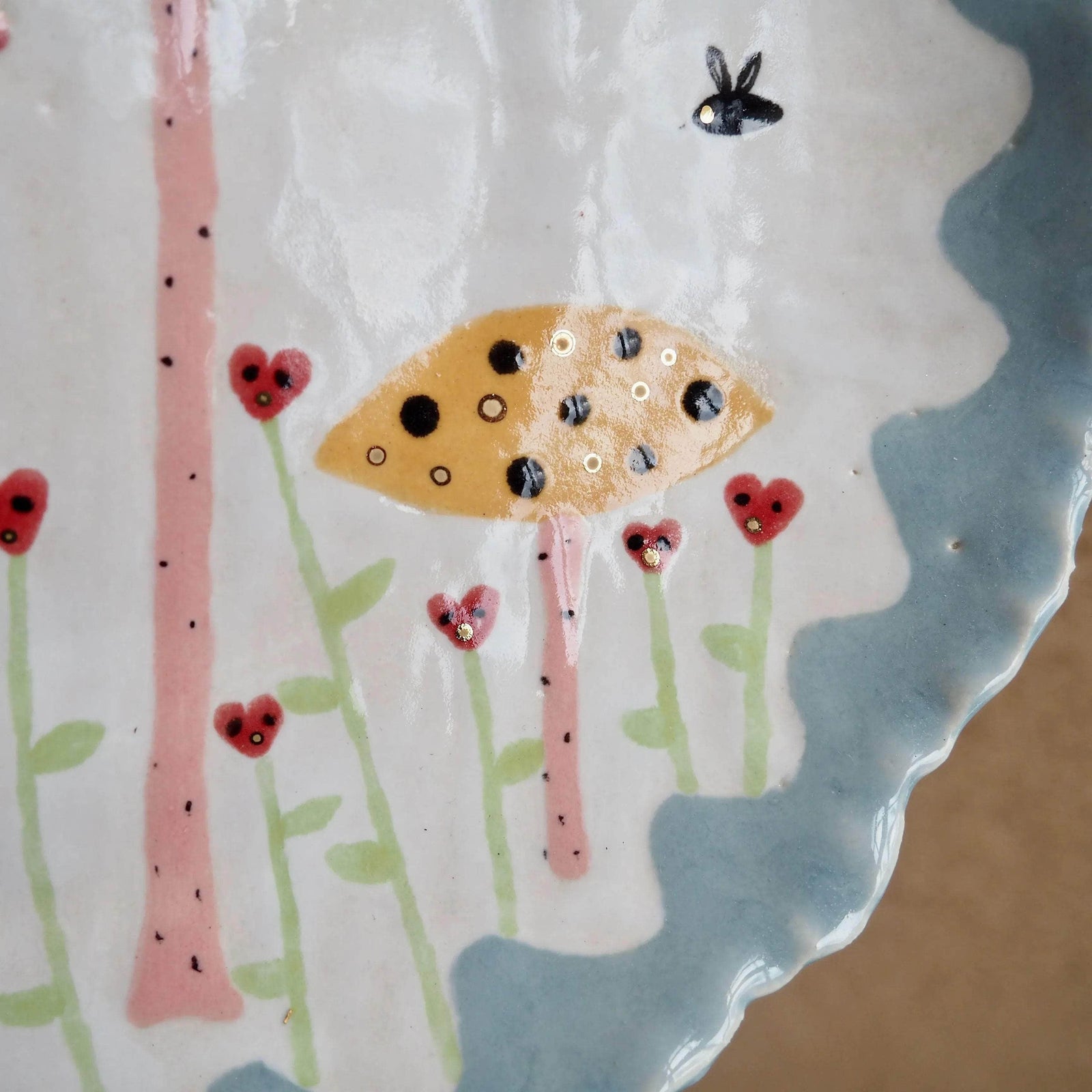 Handmade Illustrated Plate with Pink Llama, Toadstools , Hearts , Sun and Clouds