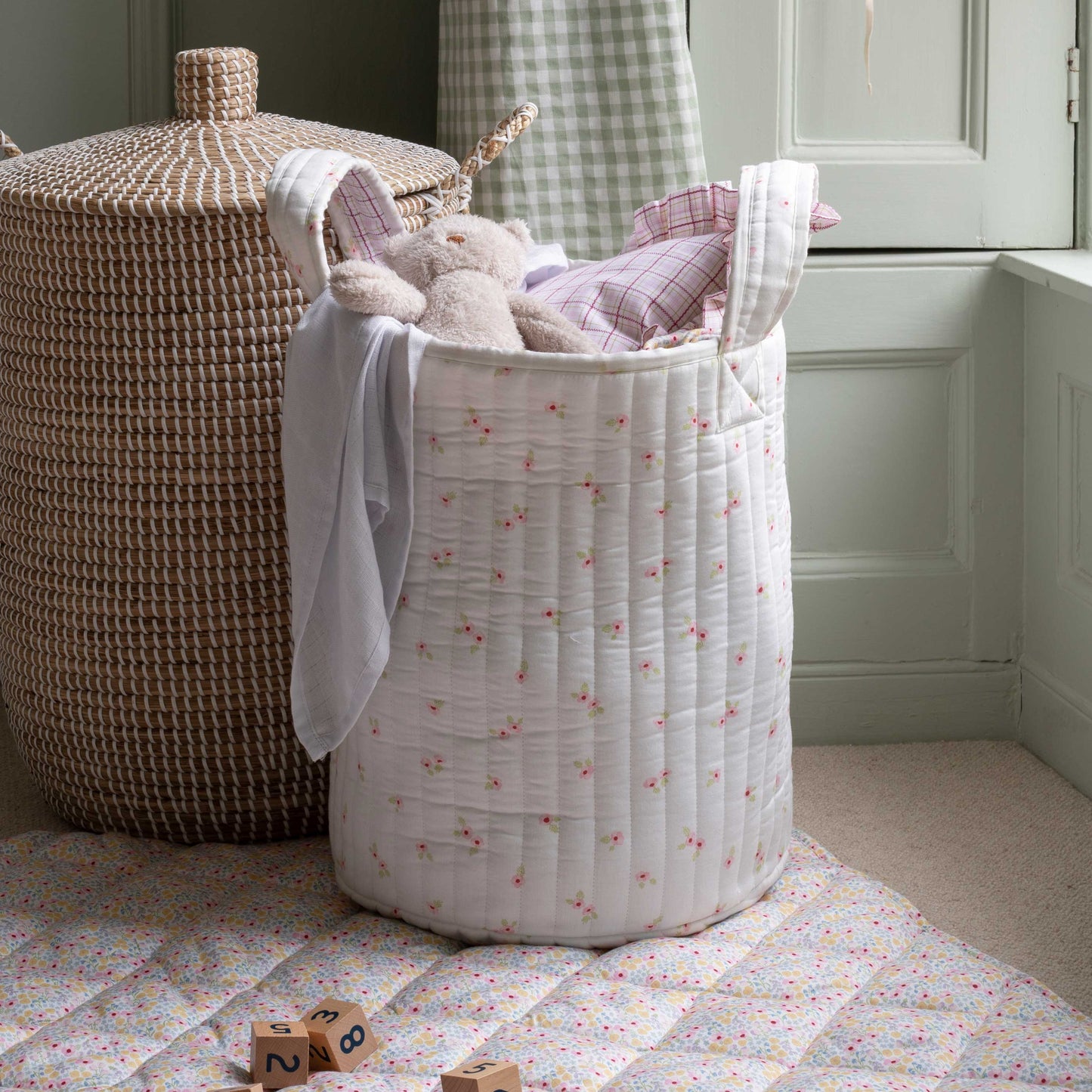 Large Quilted Storage Basket - Anemone / Pink Check
