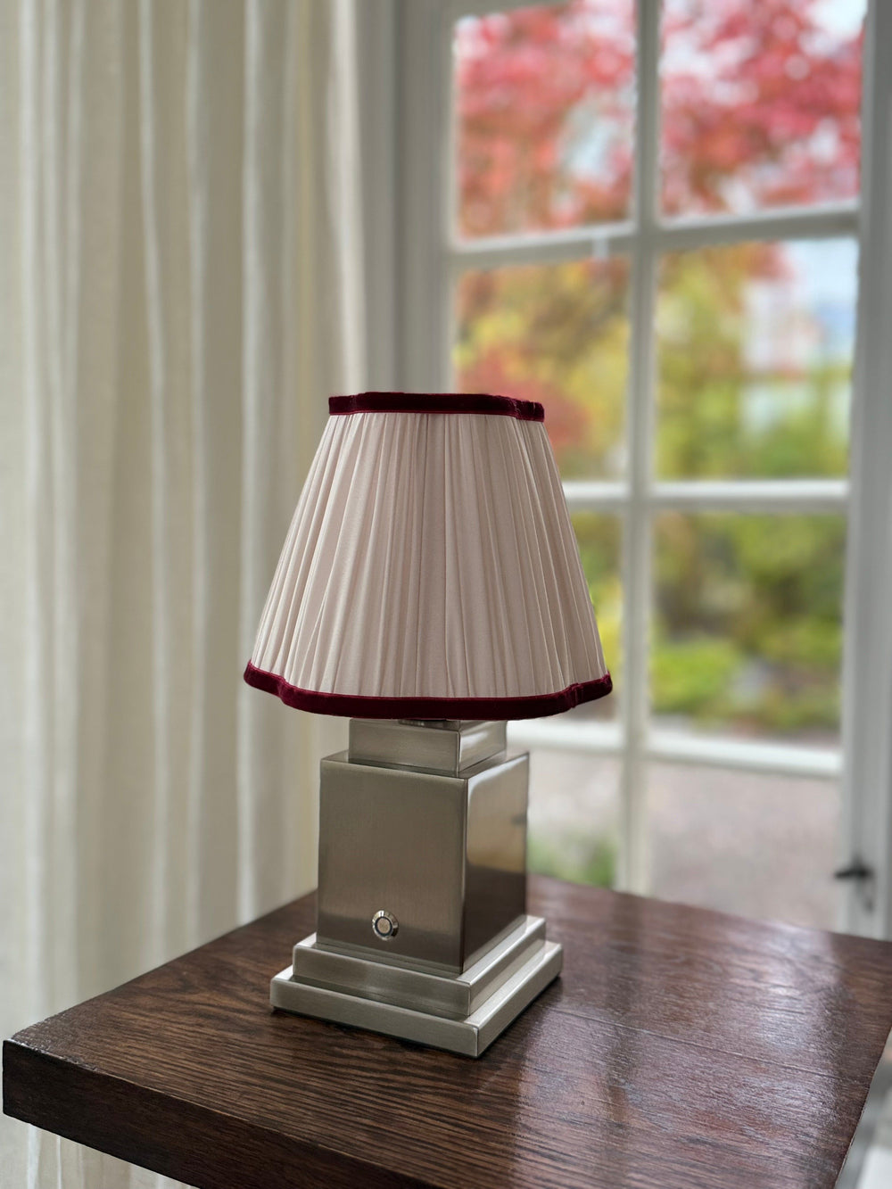 Athena Silver Rechargeable Table Lamp (Ivory with Burgundy Rim)