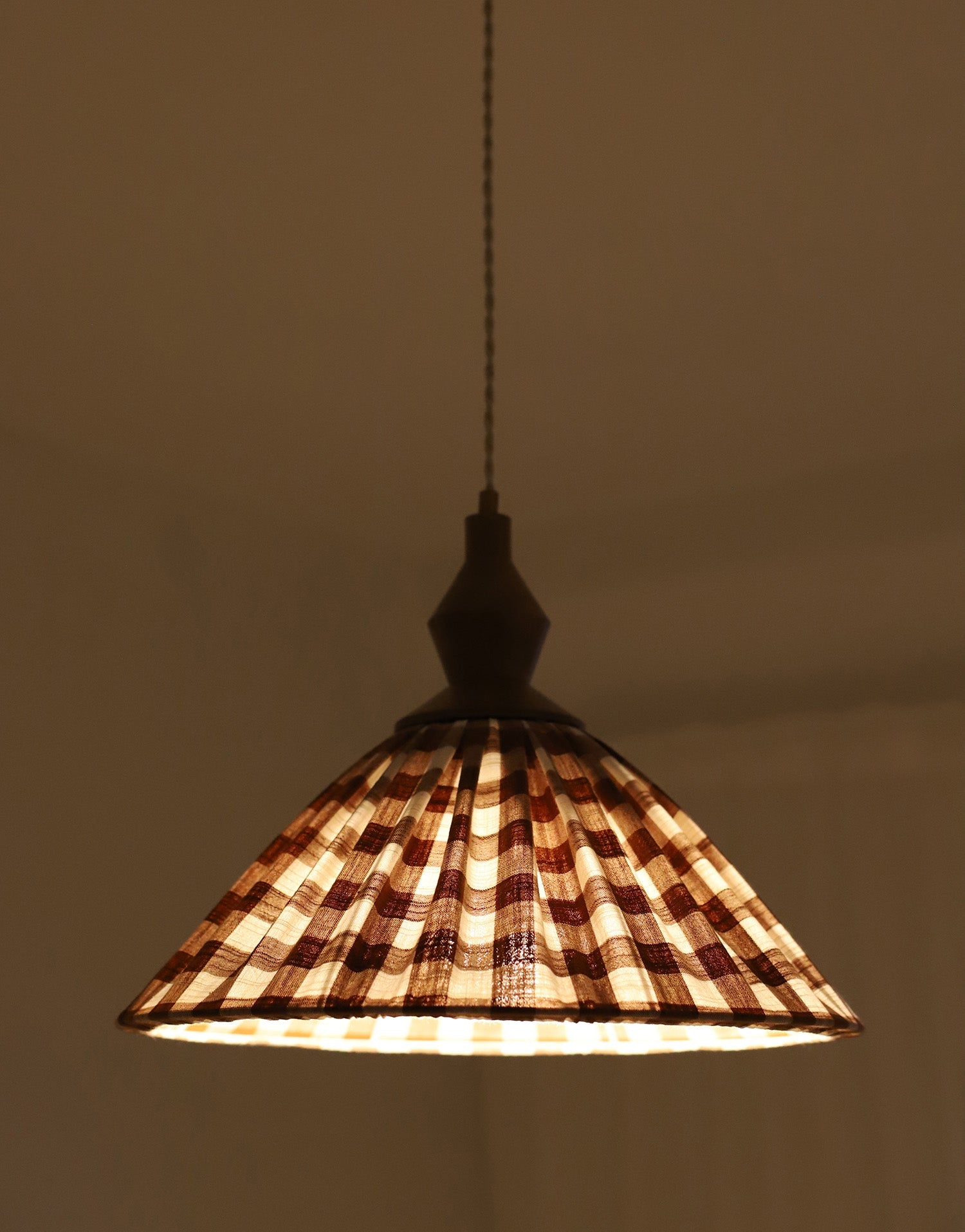 Olga Pleated Pendant Light in Terracotta Check Fabric with Turned Wood Finish