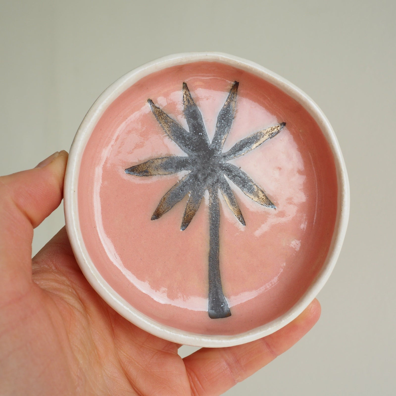 Handmade Pink and Gold Ceramic Palm Tree Ring Dish