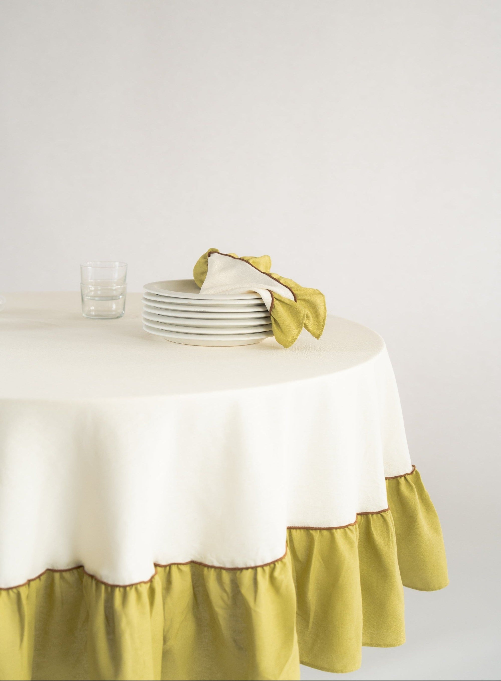 Napkins Set (2), Ruffle, Ivory/Green
