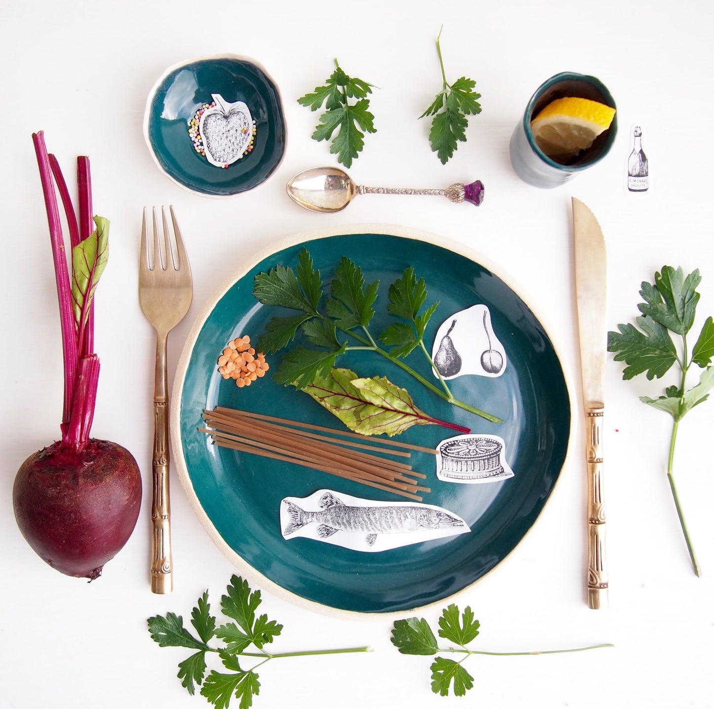 Handmade Teal and White Pottery Plate