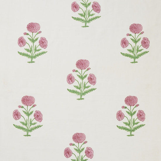 Poppy Block Printed Fabric Linen Rose/Grass