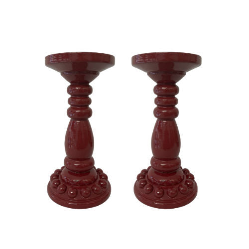 Pair of Deep Red Bobbin Candle Holders (Large)
