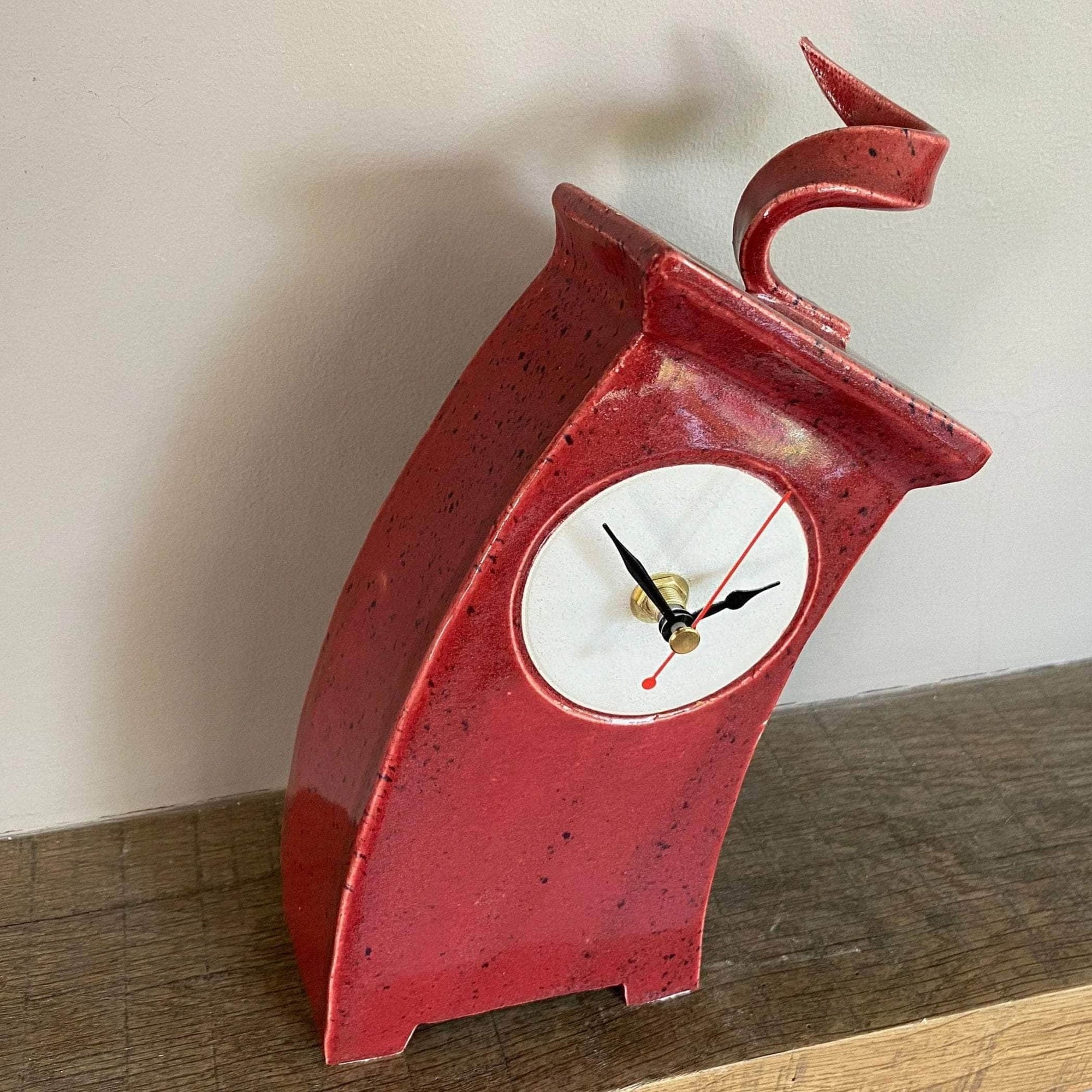 Wonky Ceramic Clock for Desk, Shelf, Mantel, Table speckled red glaze curly top