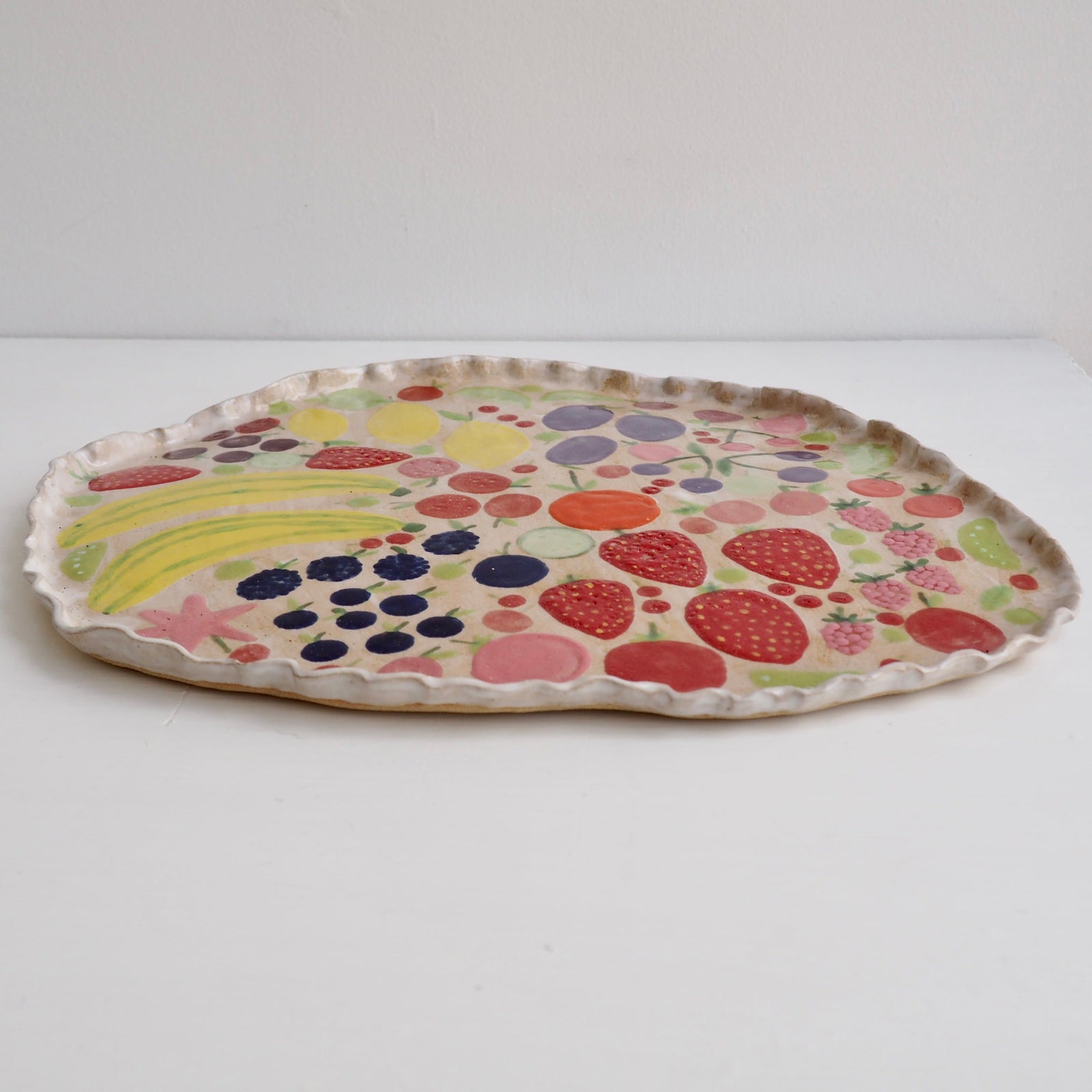 Handmade Ceramic Platter with Fruits and Vegetables & Curvy Top Edge