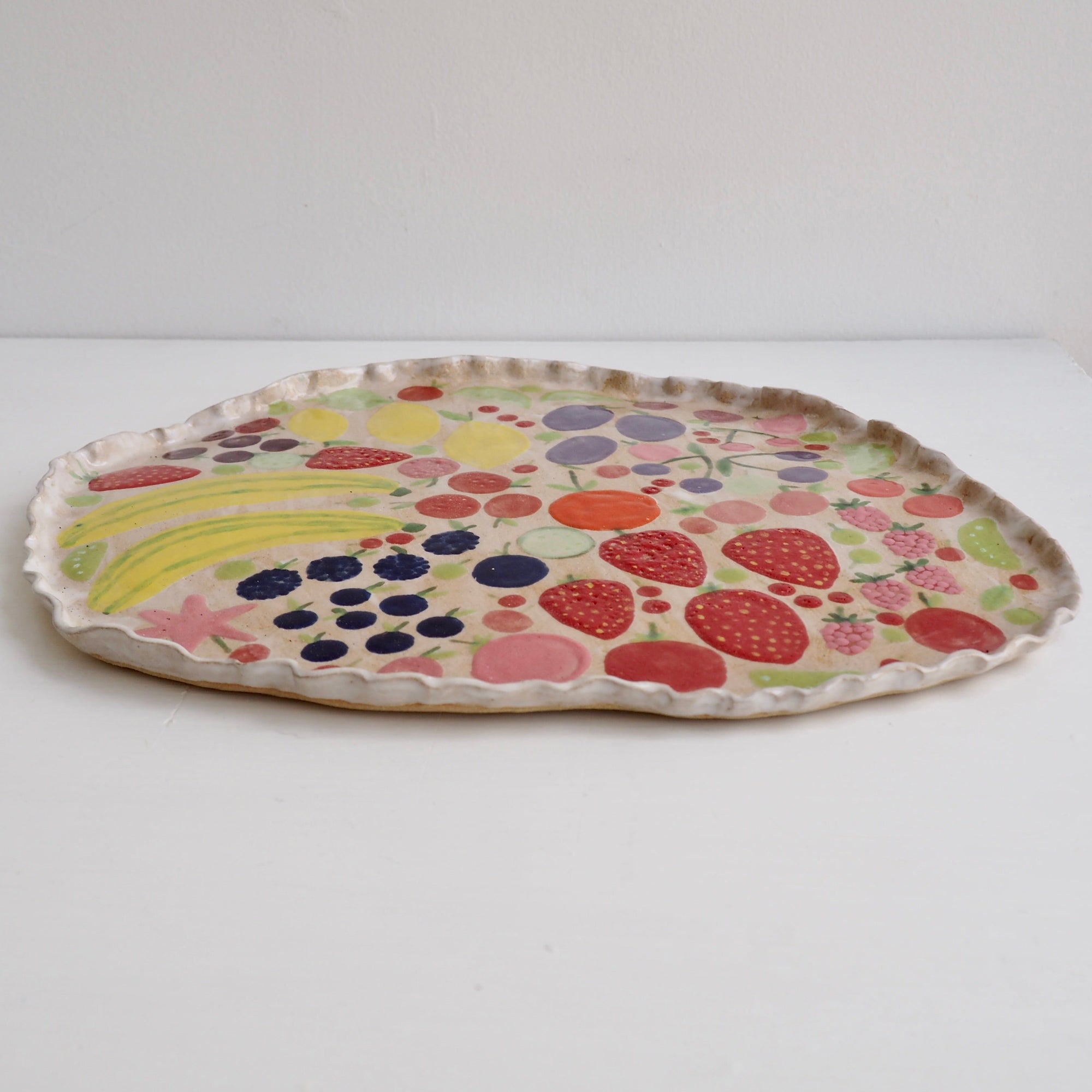 Handmade Ceramic Platter with Fruits and Vegetables & Curvy Top Edge