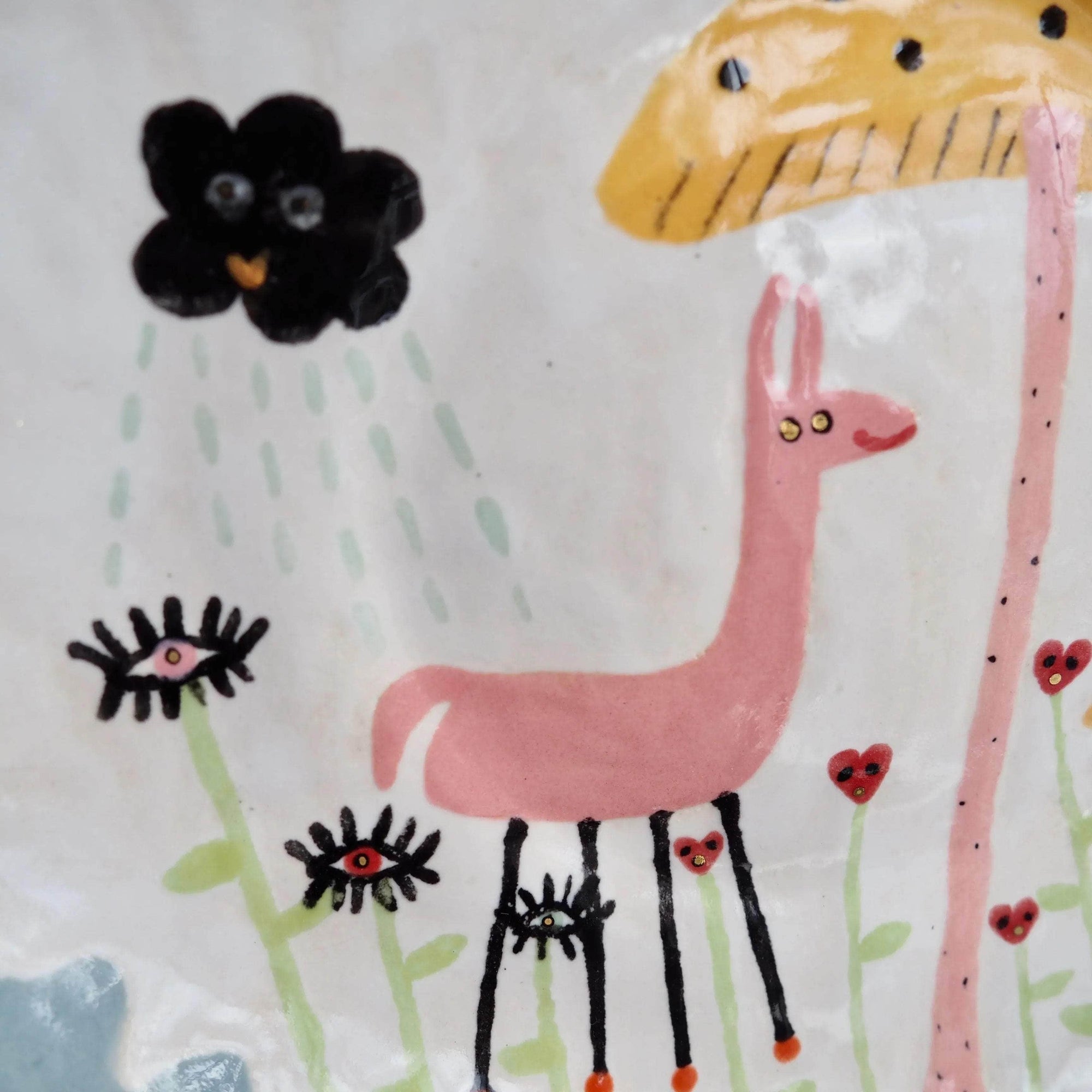 Handmade Illustrated Plate with Pink Llama, Toadstools , Hearts , Sun and Clouds