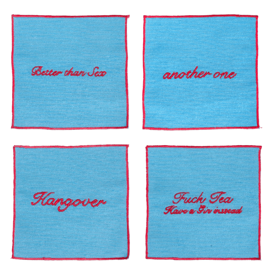 Set of 4 Cocktail Napkins - Light Blue and Red
