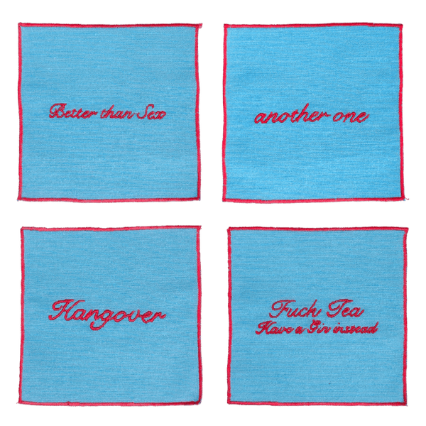 Set of 4 Cocktail Napkins - Light Blue and Red