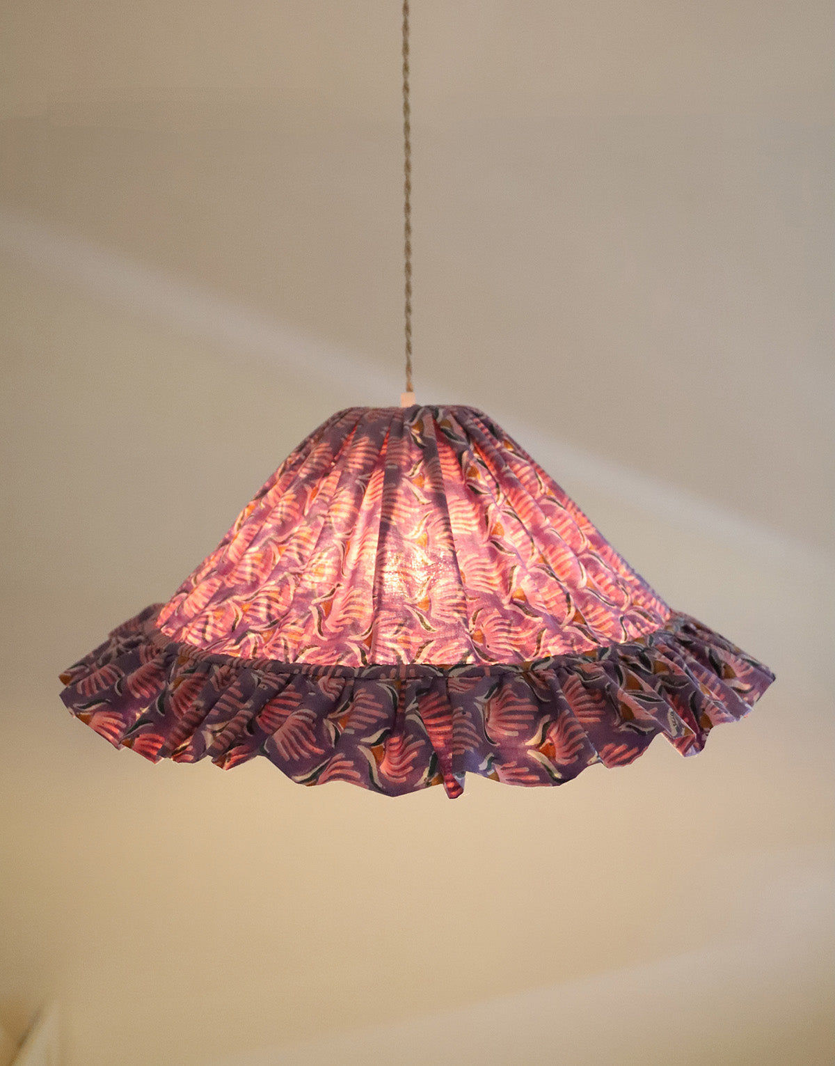 Conical Pendant Light with Emilia Ruffle “Purple Shell Flowers”