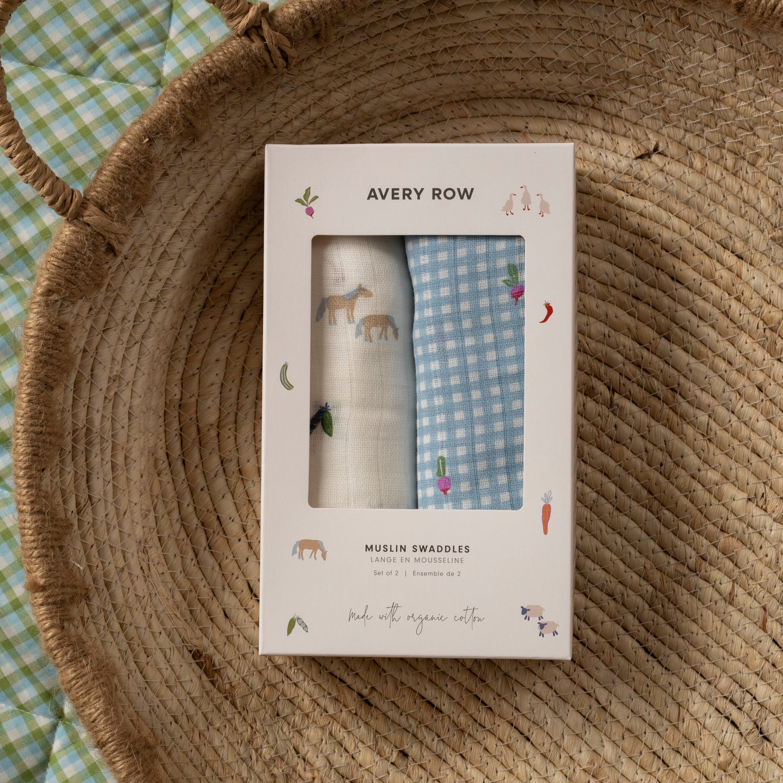 Organic Cotton Baby Muslin Swaddles, Set of 2 - Little Farm / Radish