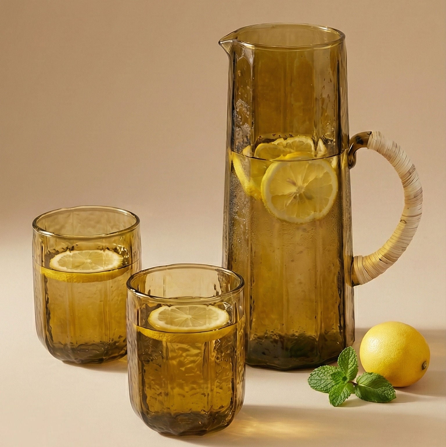 Hammered Glass Water Pitcher and Tumbler Set , Brown - (Set of 3)