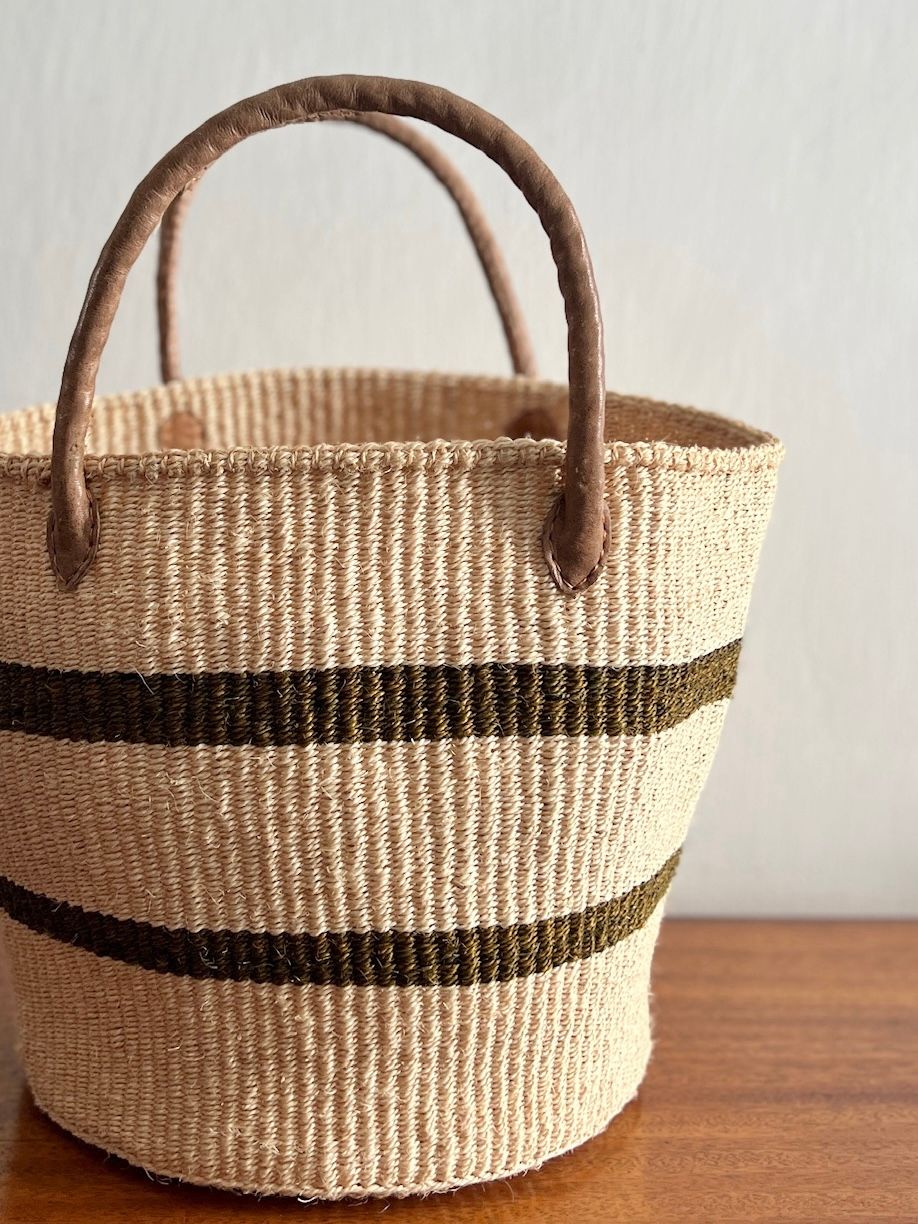 Olive Stripe Sisal Storage Basket
