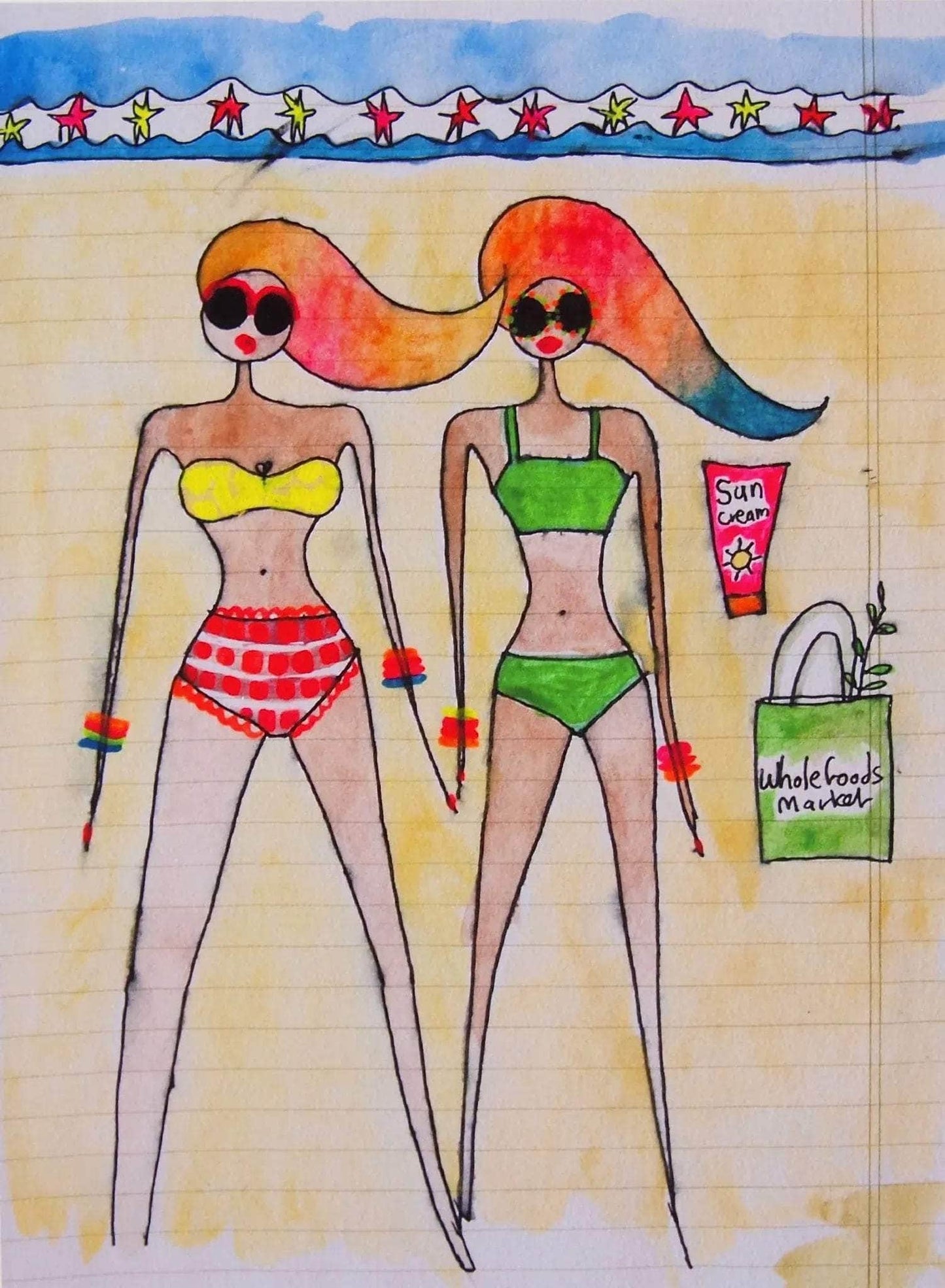 Giclee Print Of 2 Girls On The Beach With Rainbow Hair