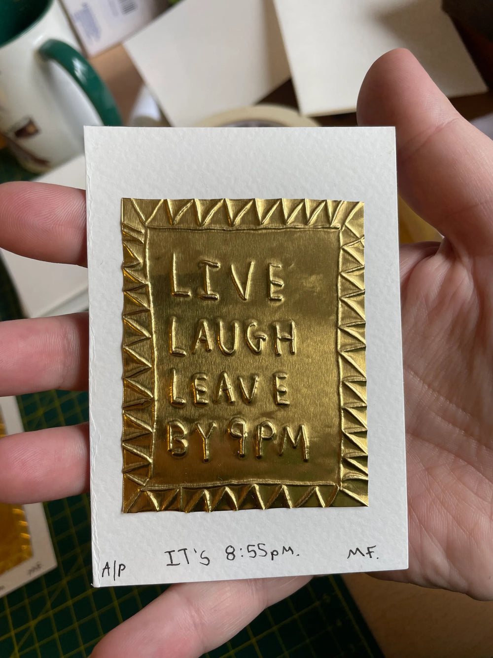 *PRE-ORDER* live, laugh leave by 9pm tin embossing 8cm x 10cm