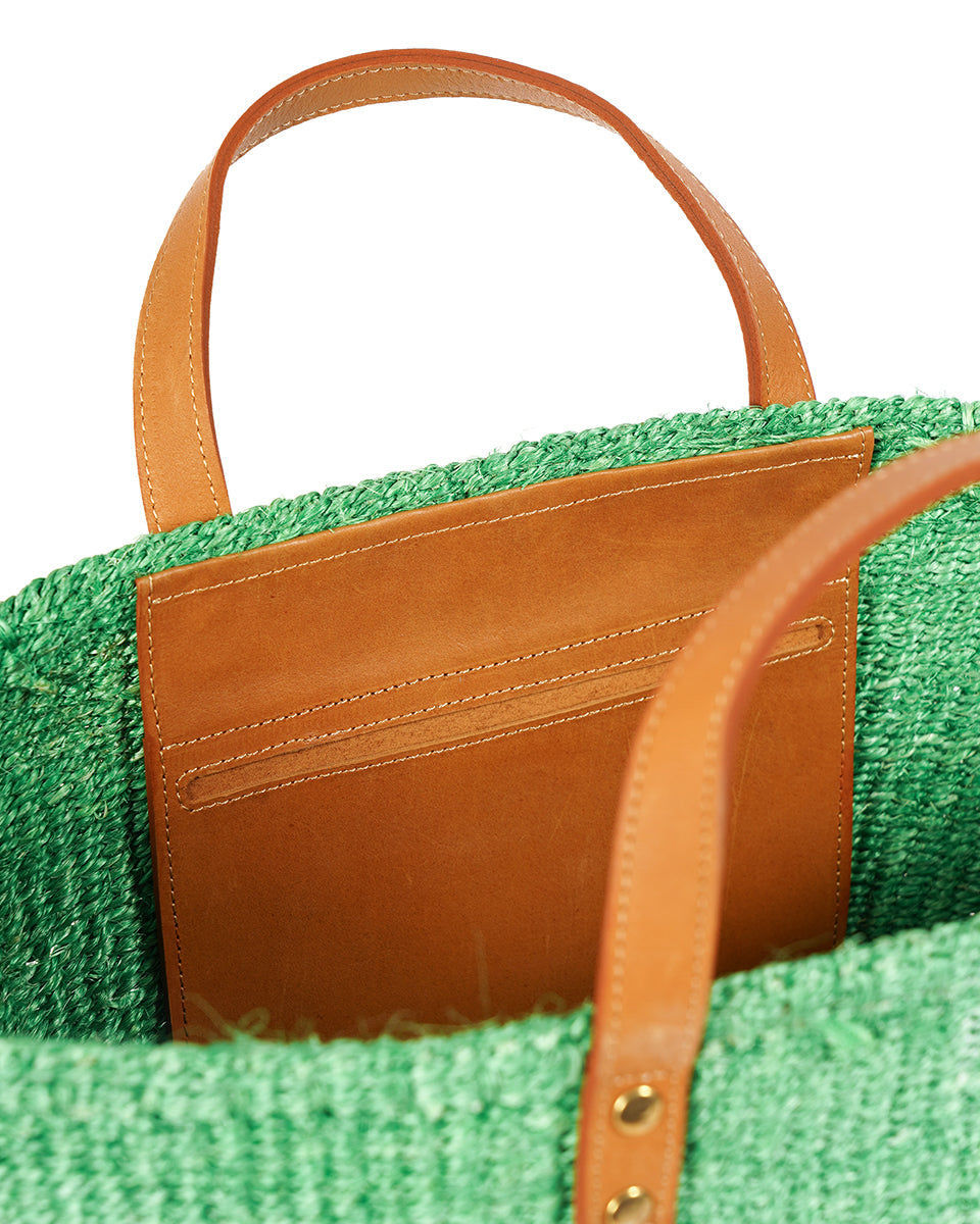 BARUA: Mint Green and Tan Leather Sisal Shopper