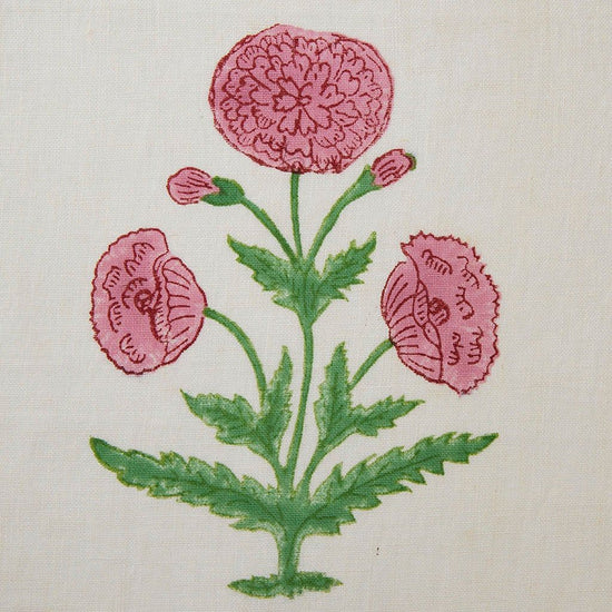 Poppy Block Printed Fabric Linen Rose/Grass Sample