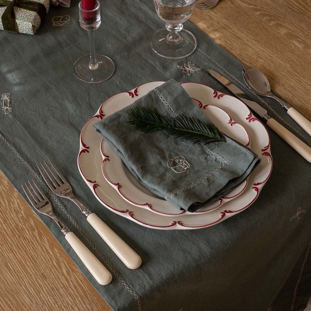 Embroidered Linen Napkins, Set of 2 - Pine Green