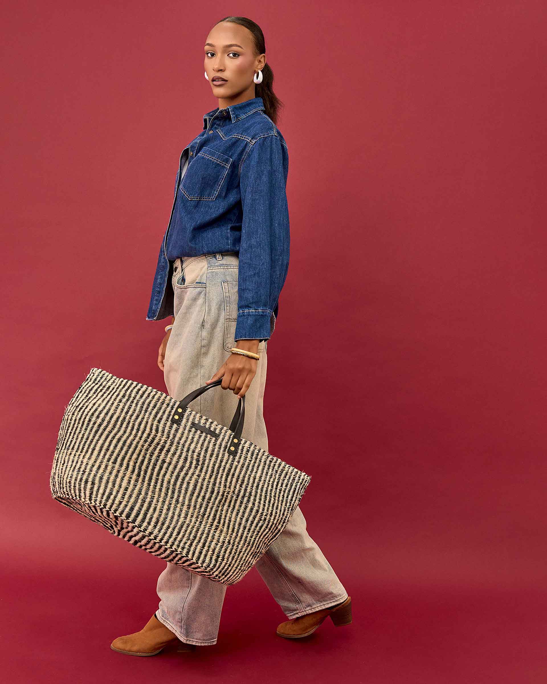 SALAMU: Black and Natural Pinstripe Sisal Shopper