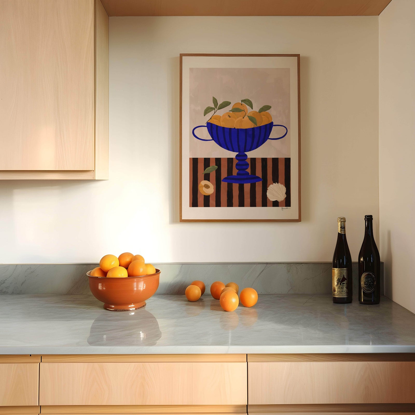 Peaches In Blue Striped Bowl Print