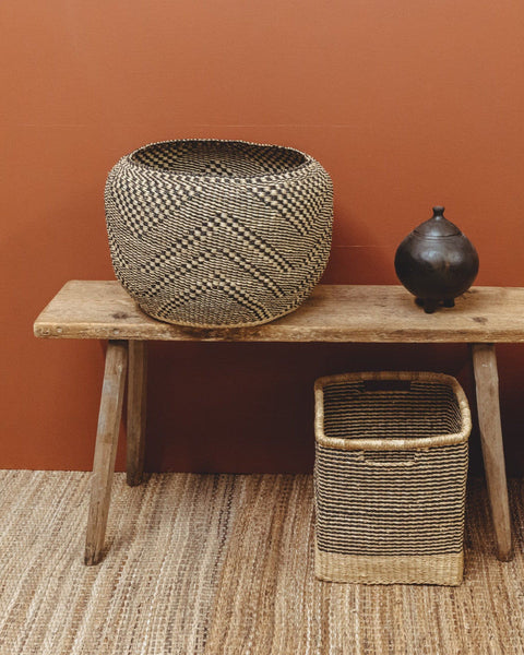 JUABEN: Large Natural & Black Sculptural Round Storage Basket