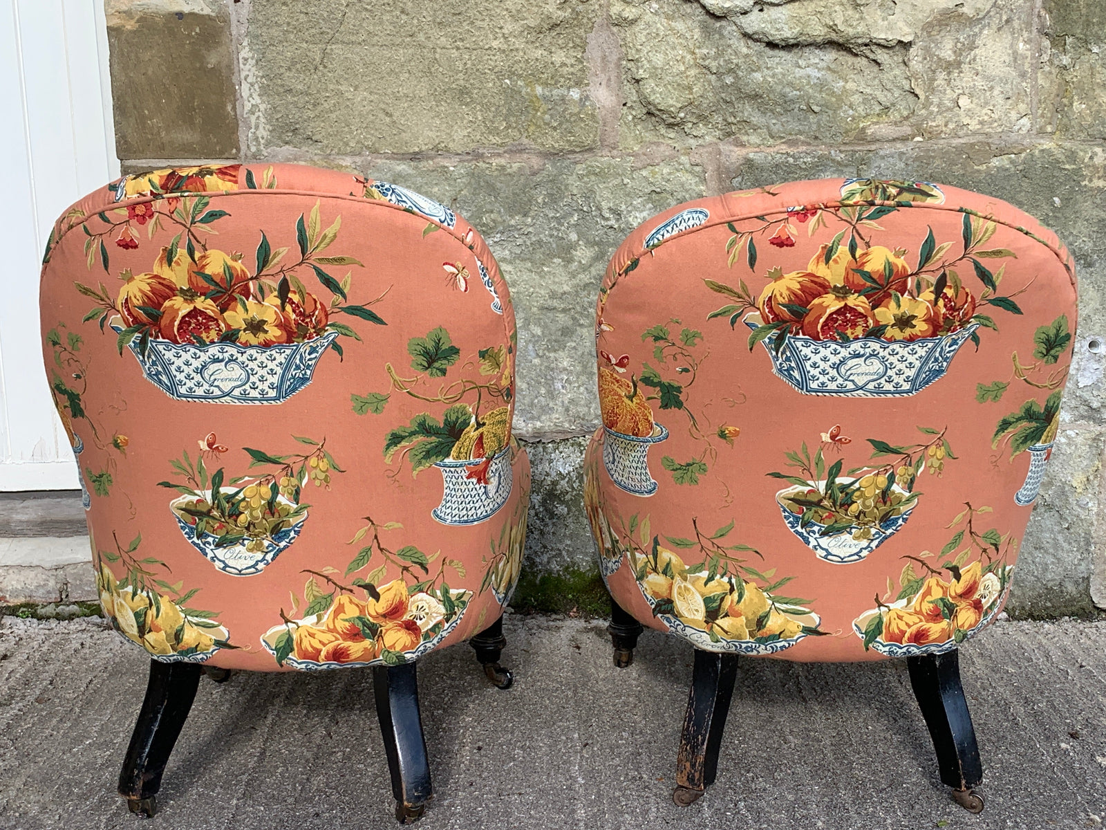 HANS & GRETEL - A Pair Of Antique Button Back Armchairs In Vintage Colefax & Fowler Fabric-