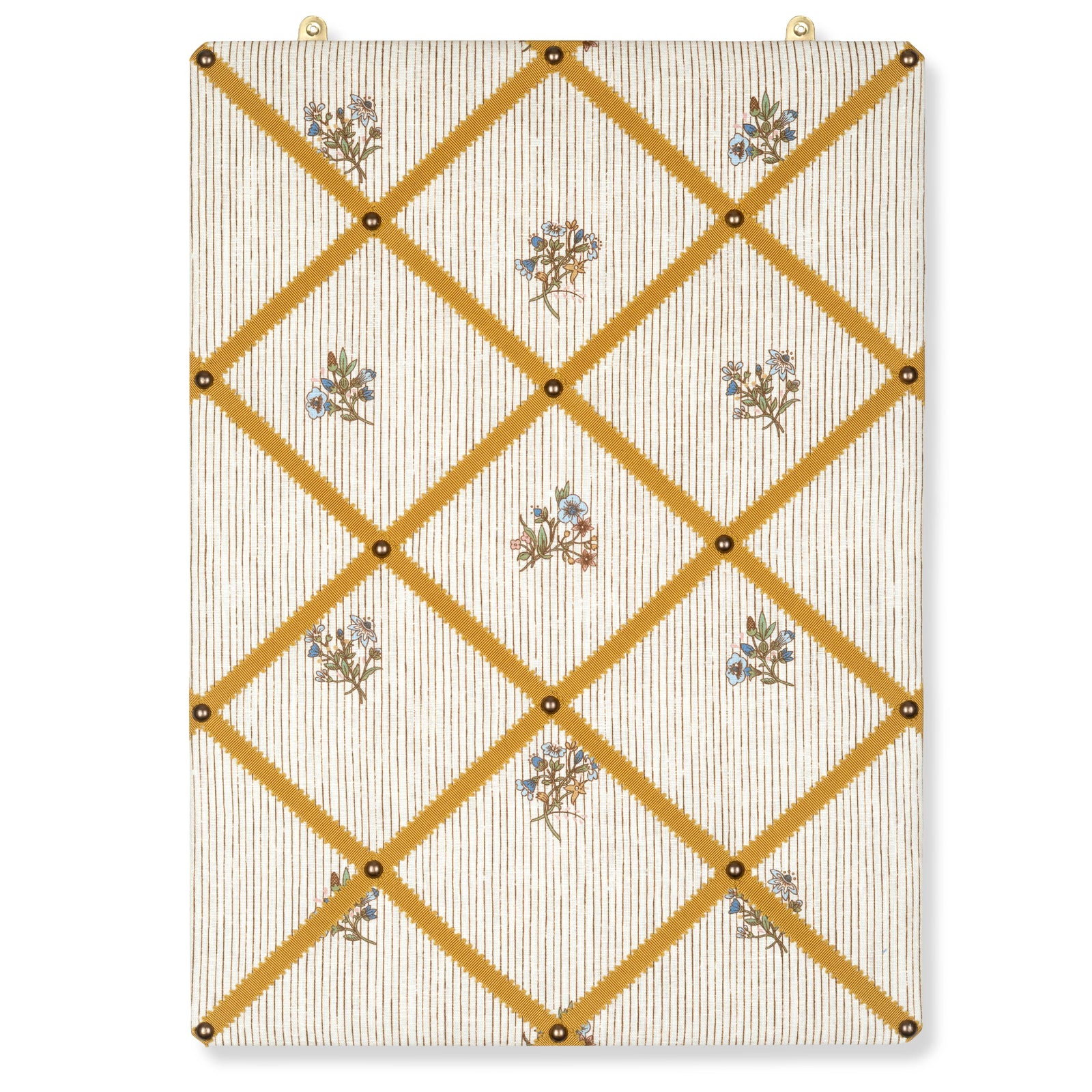 Ribboned Bulletin Board in Volga’s Flax & Field Posy Pinstripe Print with Ochre Trim