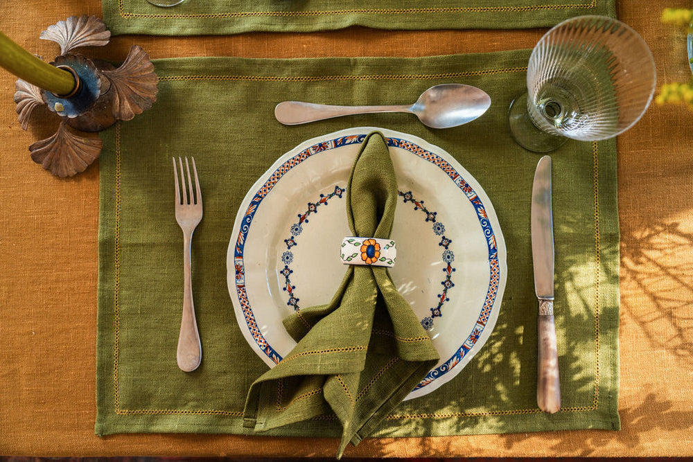 MF: Set of 6 Personalised Fern Green Napkins with Ochre Hemstitch