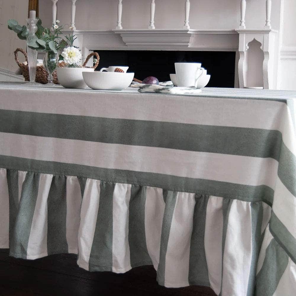 Sage Striped Rectangle Tablecloth Ruffle