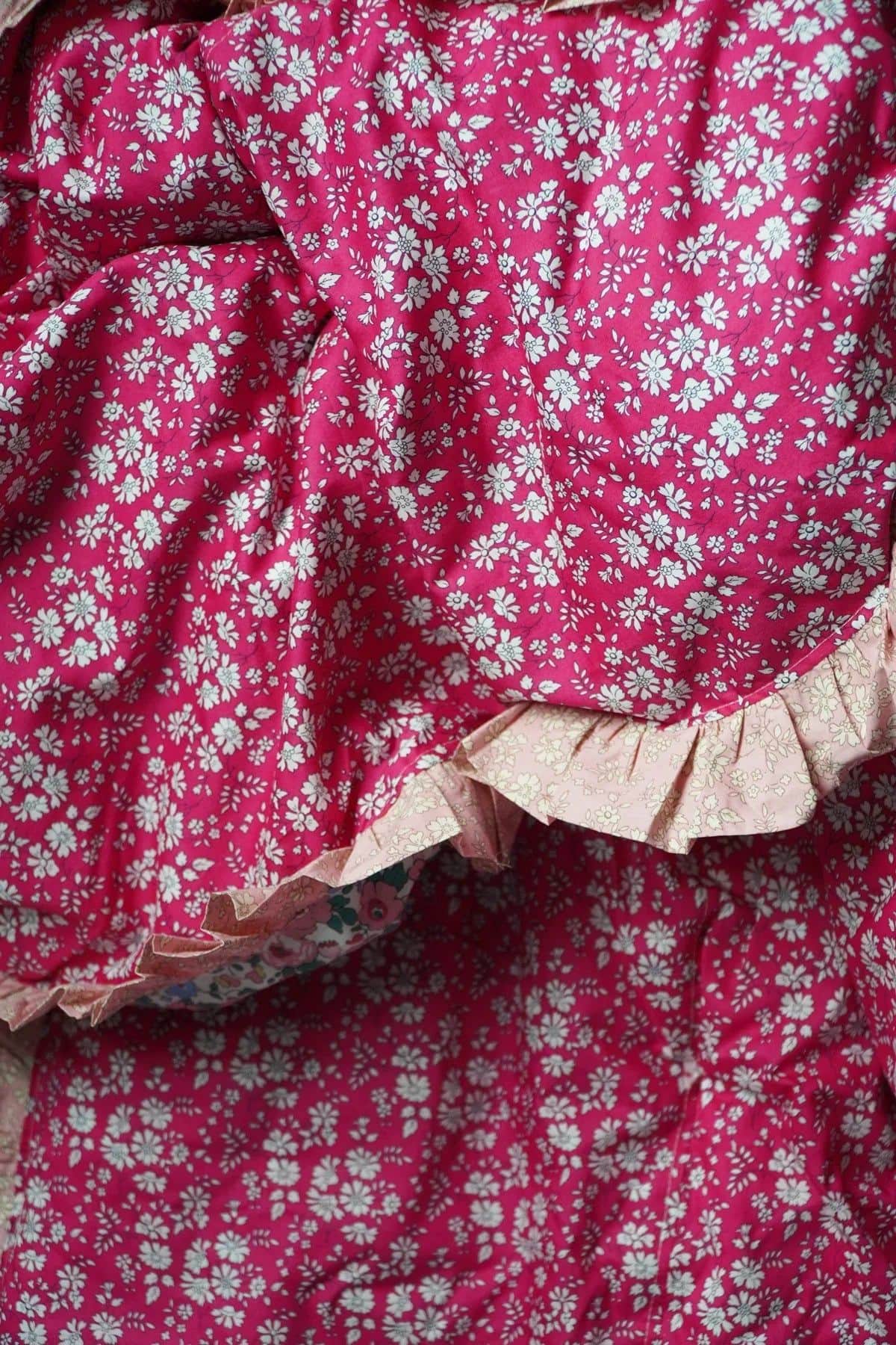 Reversible Ruffle Edge Heirloom Quilt made with Liberty Fabric Betsy Blossom Pink & Capel Pink