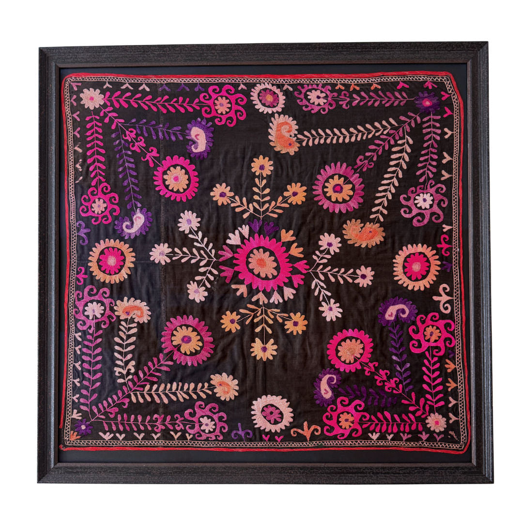 Framed Vintage Medium Black and Pink Suzani