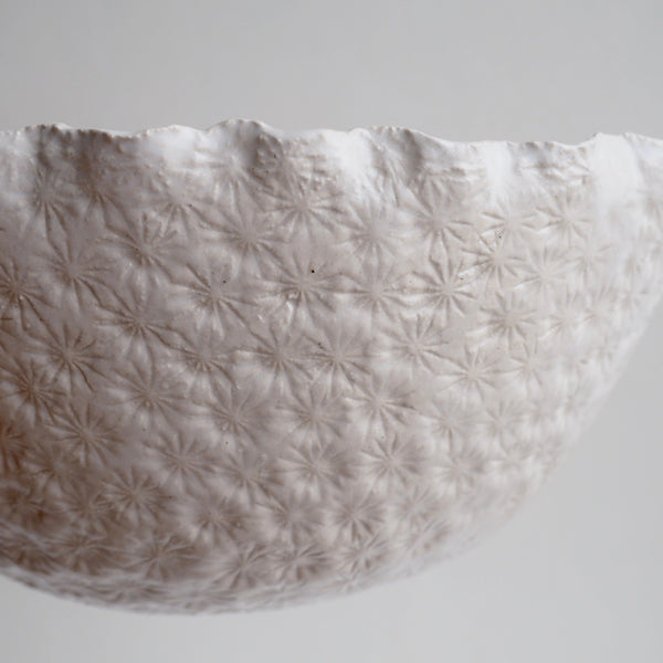 Handmade Blue & White Textural Ceramic Fruit Bowl with orange & pink polka dots