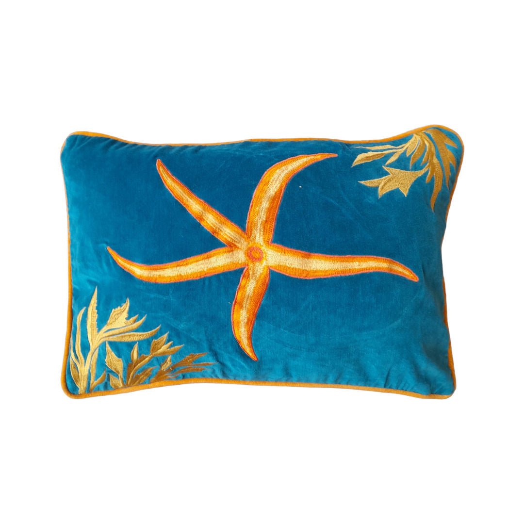 Tropical Hand-Embroidered Cotton Cushion – Crab
