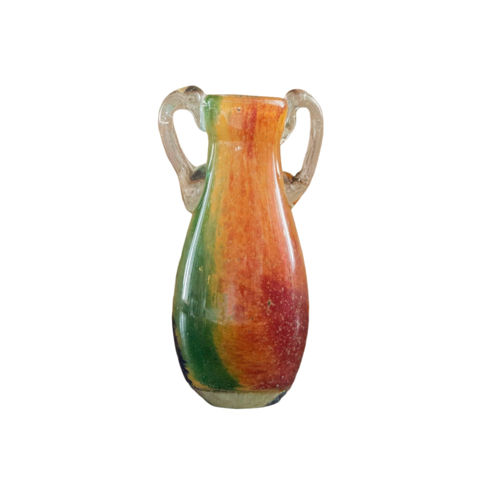Blown Glass Amphora Vase, Green and Orange Slim